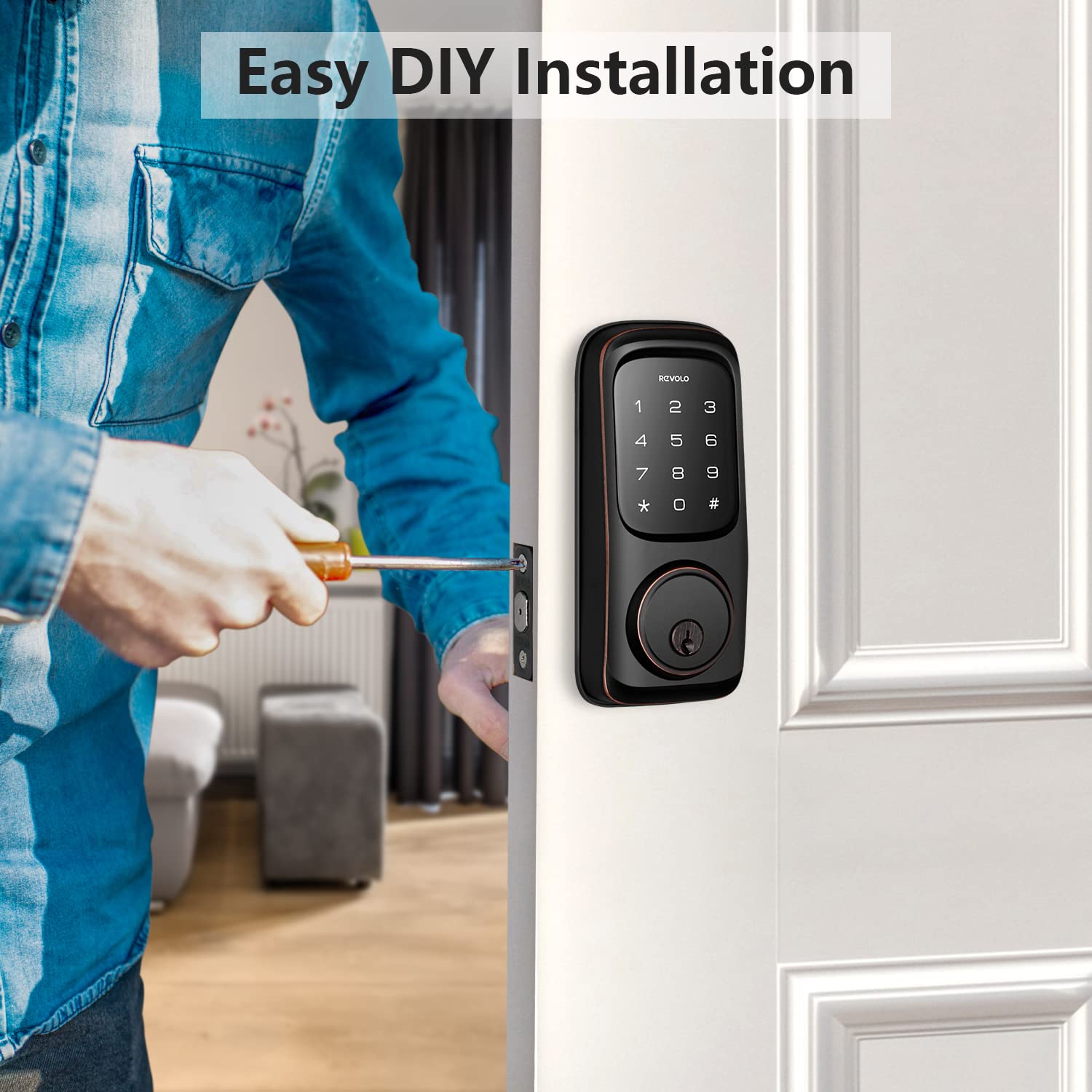 Revolo Keyless Entry Door Lock with Touchscreen Keypads, Electronic Keypad Deadbolt for Front Door, ANSI Grade 2 Certified, All-Metal Construction, Auto Lock, Easy to Install, Oil-Rubbed Bronze