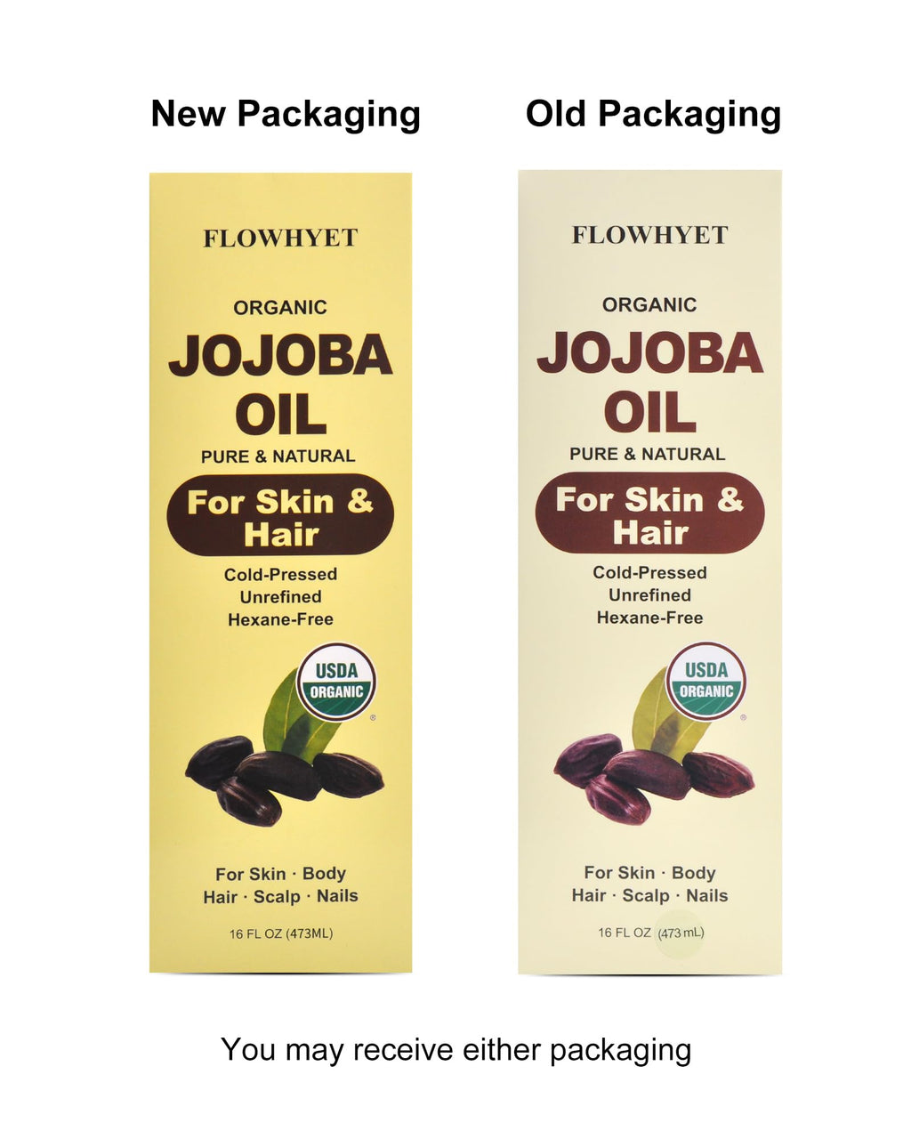 FLOWHYET 16 fl oz Jojoba Oil Organic Cold Pressed, USDA Certified, 100% Pure Jojoba Carrier Oil for Skin, Hair, Face, Body, Scalp & Nails, Unrefined, Hexane-Free