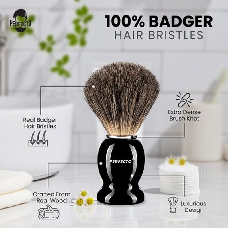 Perfecto 100% Pure Badger Shaving Brush - Black Handle for a Superior Shaving Experience | Ideal for Safety, Double Edge, and Straight Razors