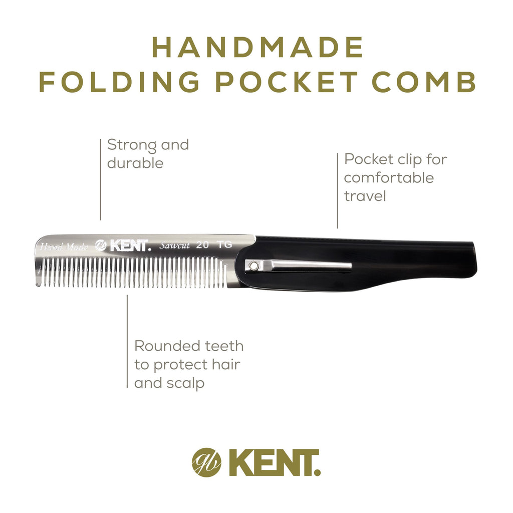 Kent 20T Black Graphite Handmade Folding Pocket Comb for Men, Fine Tooth Hair Comb Straightener for Everyday Grooming Styling Hair, Beard or Mustache, Use Dry or with Balms, Saw Cut, Made in England