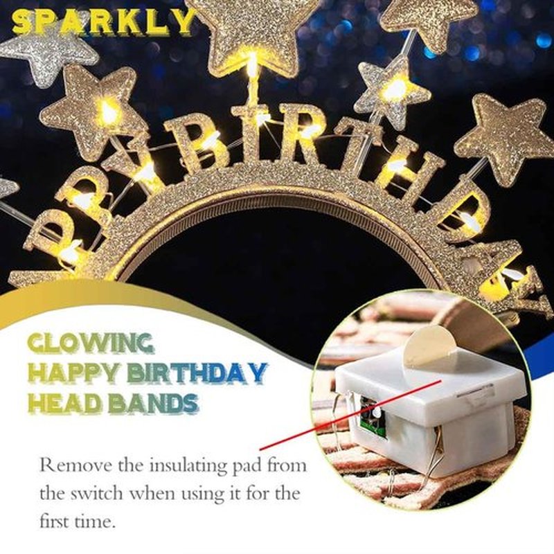 Aceorna Light Up Stars Headbands LED Gold Birthday Hairbands Glowing Happy Birthdays Crowns Head Bands Glitter Birthday Hair Accessories for Women