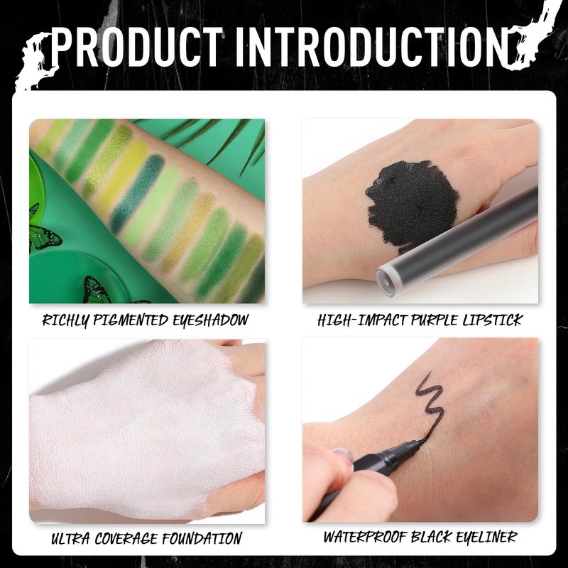 UCANBE Green Halloween Makeup Kit – Zombie Witch Beetle Juice Monster Makeup Set for SFX Costume Cosplay with Eyeshadow Palette, White Foundation, Black Lipstick,Eyeliner, Setting Powder & Sponges