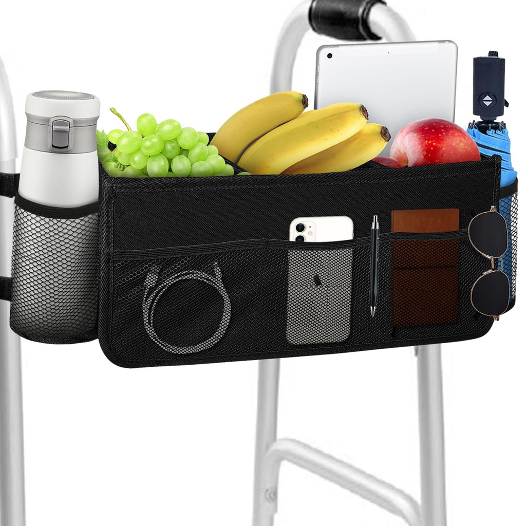 BOHEMIABY Foldable Walker Basket with Cup Holder, Large Walker Bag & Easy Installation, Walker Accessories for Seniors with Limited, Walker Pouch for Water Bottles, Books, Essentials & More