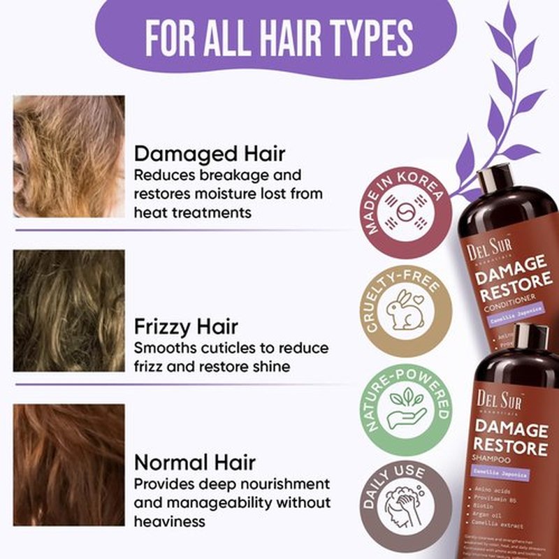 DEL SUR Hair Repair Shampoo & Conditioner Set - 16 Fl Oz Each | Moisturizing Formula with Biotin & Argan Oil for Damaged Hair