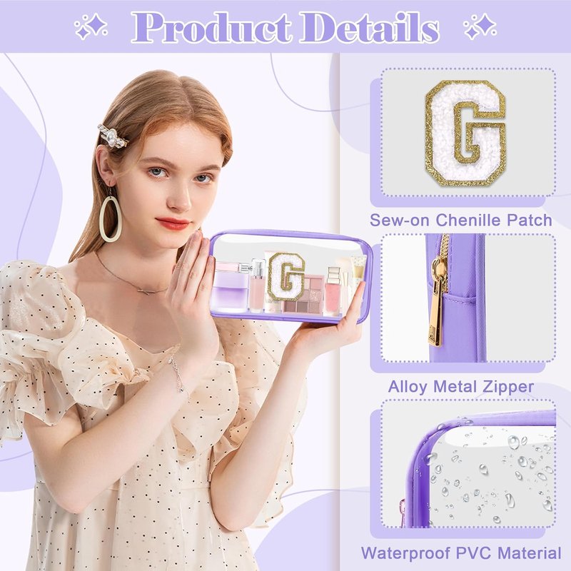 UIXIZQ Personalized Initial Letter Clear Makeup Bag - Preppy Nylon & PVC Cosmetic Zipper Bag | Travel Toiletry Organizer for Teen Girls & Women, Monogrammed Gift (G)