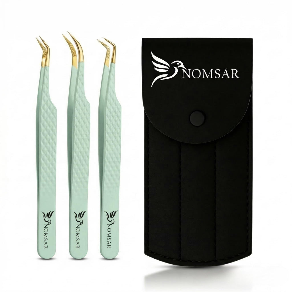 NOMSAR Lash Extension Tweezers Set – Fiber Tip lash Tweezers with Diamond Grip | Stainless Steel Eyelash Extension Tweezers for Volume & Isolation | Lash Tweezers for Lash Artists (Lightgreen)