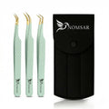 NOMSAR Lash Extension Tweezers Set – Fiber Tip lash Tweezers with Diamond Grip | Stainless Steel Eyelash Extension Tweezers for Volume & Isolation | Lash Tweezers for Lash Artists (Lightgreen)