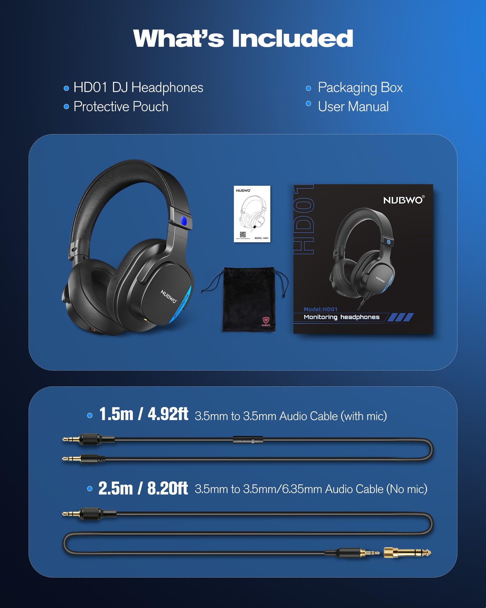 NUBWO HD01 Studio Monitor Headphones, Hi-Res Wired Over Ear Headphones with 1/4 inch to 3.5mm Adapter, Lightweight Closed Back DJ Headphones for Piano Guitar AMP Recording Mixer Amplifier
