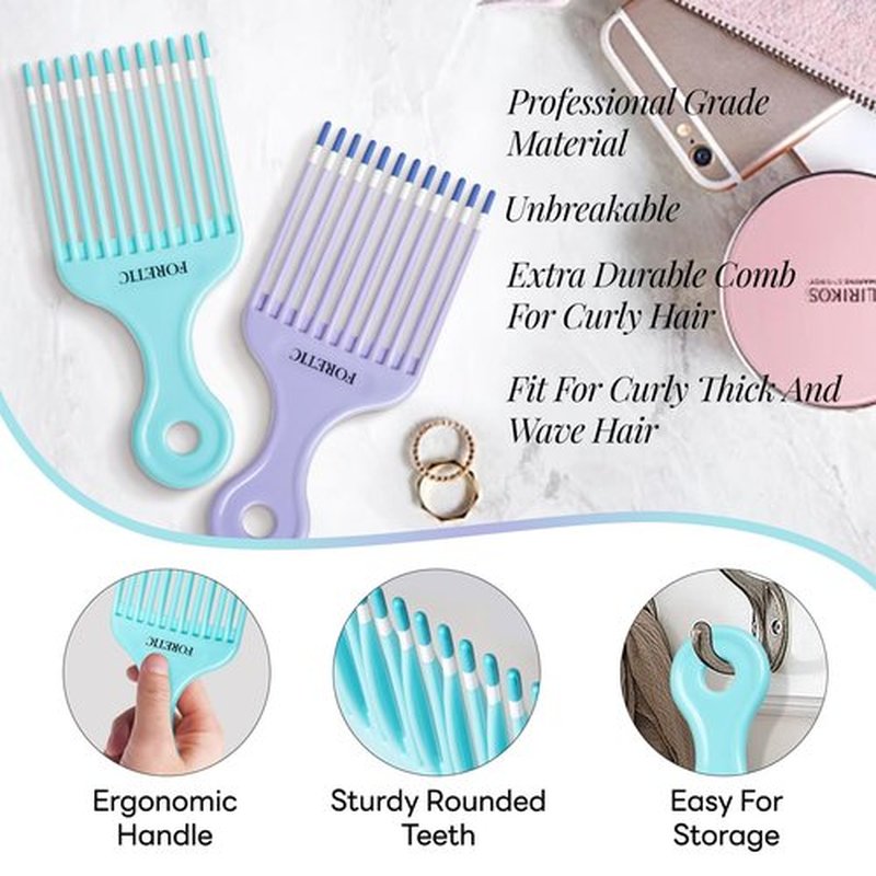 Foretic Smooth Hair Pick Comb for Curly, Thick, Medium to Long Hair, Facial Hair（Blue, Purple）