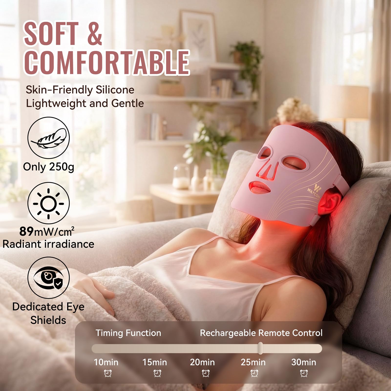 WAYCOM Red Light Therapy for Face: FDA-Cleared Portable LED Light Therapy Mask for Skincare - 400 LEDs 850nm Infrared & Blue Red Light Therapy at Home with Rechargeable Timing Function Remote