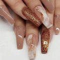 DANMANR Long Press on Nails Marble False Nails Art Full Cover Acrylic Coffin Orange Fake Nails for Women and Girls 24PCS