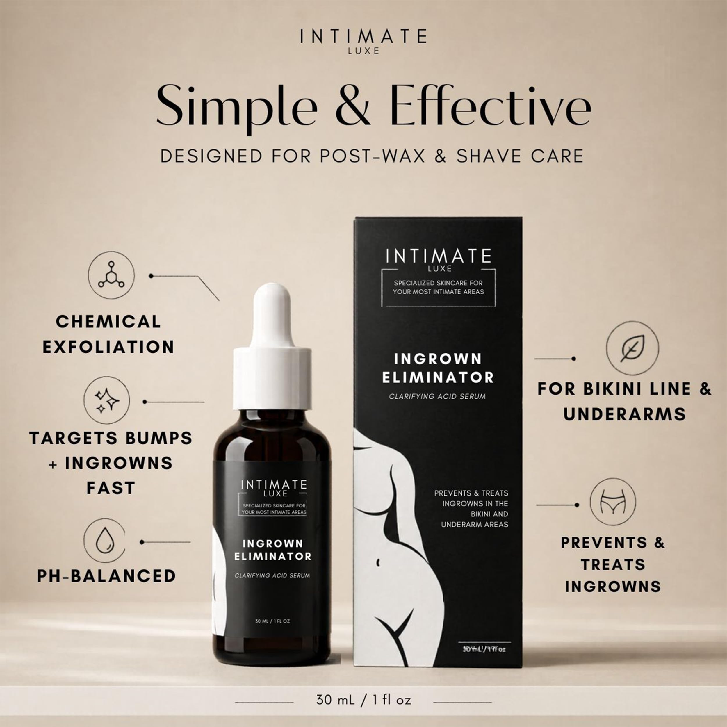 Intimate Luxe Ingrown Hair Treatment Serum – Razor Bump & Ingrown Eliminator for Bikini Line, Underarms & Body| Shave & Post Wax Care for Women & Men| Fragrance-Free with Lactic & Salicylic Acid –30ml