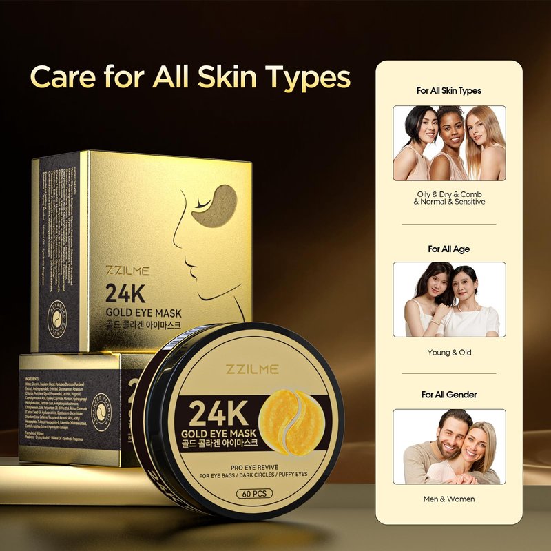 ZZILME 24k Gold Eye Patches - Firming, Glowing & Hydrating Hydrogel Mask for Puffy Eyes, Dark Circles, Wrinkles, Fine Lines, Eye Bags Treatment, Korean Skincare Gifts for Women and Men, 60Pcs