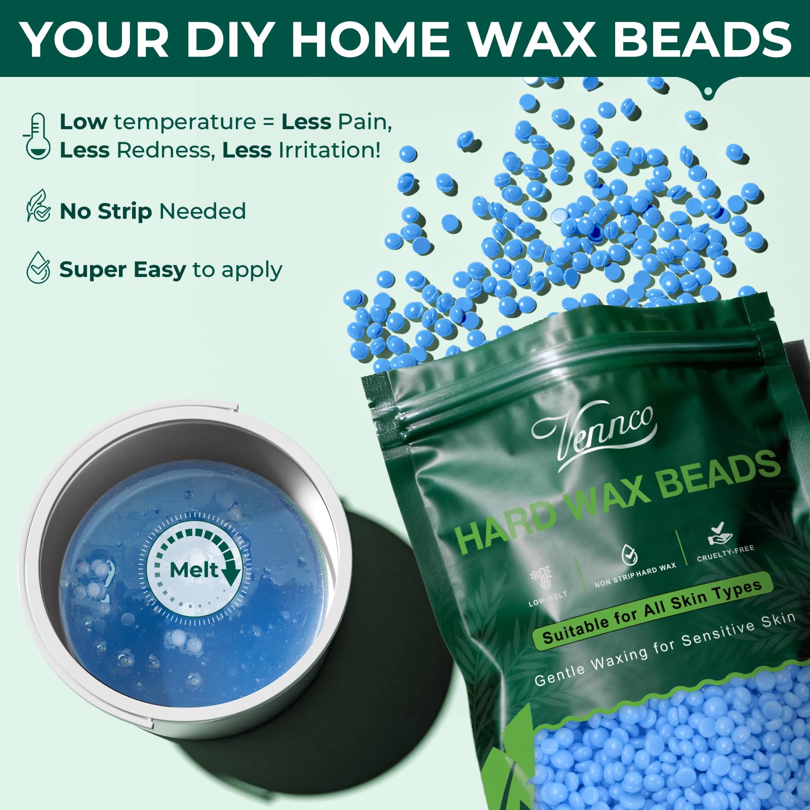 VENNCO 1lb Blue Wax Beads for Hair Removal, Hard Wax Beads Designed for Legs Arms, Face, Eyebrows, Underarm and Full Body Waxing at Home, Stripless Low Temperature Body Wax for wmomen and men