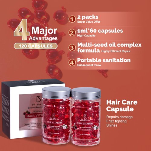 BS-MALL Hair Treatment Serum With Avocado Vitamin A, C & E, Biotin And Water - 60 Capsules Per Bottle For Frizzy And Damaged Hair Pack of 2 Bottles