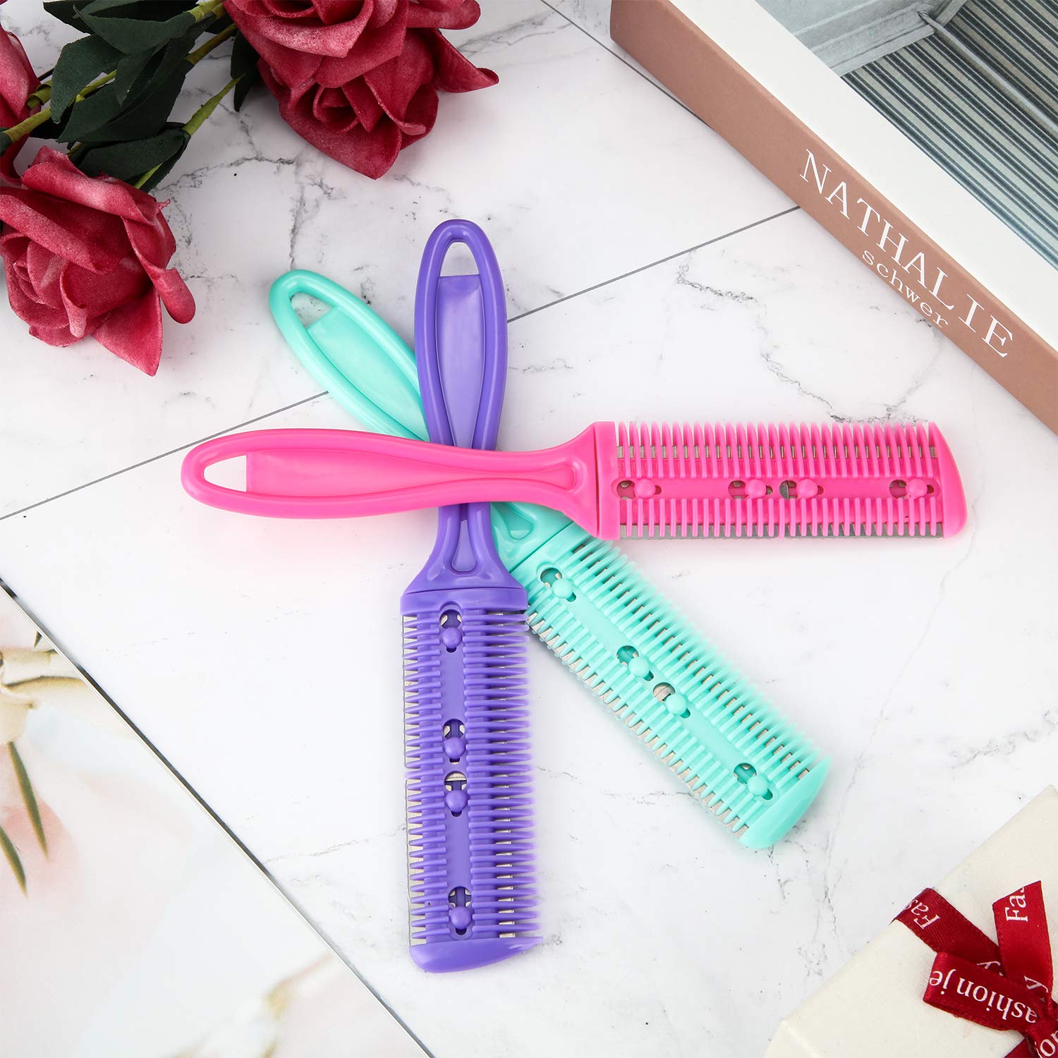 Maitys 3 Pcs Haircut Razor Comb Hair Cutting Comb with 12 Replacement Blades Double Edge Shaper for Salon & Home Styling Split Ends Trimmer Styler for Thick and Thin Hair