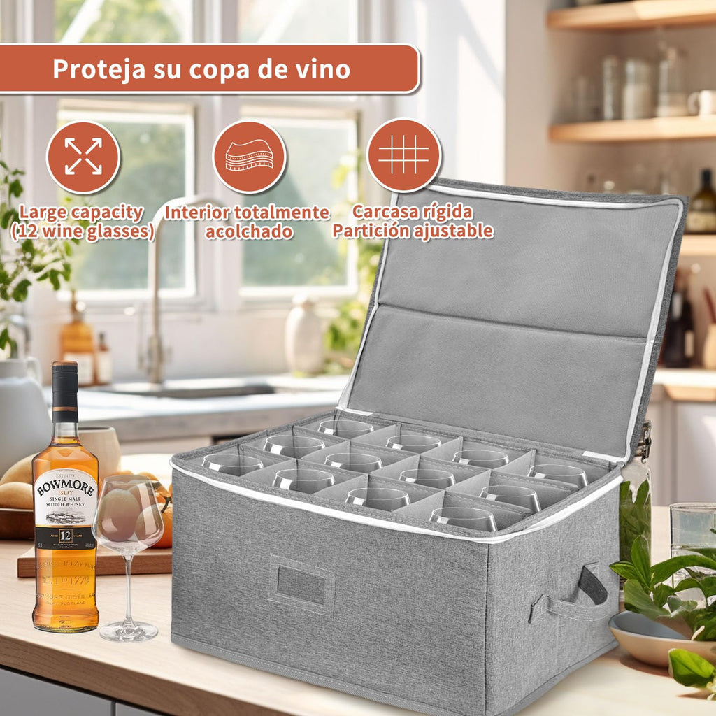 BOHEMIABY Wine Glass Storage Box Holds 12 - Stackable Hard Shell Organizer with Adjustable Dividers for Champagne Flutes & Crystal, Label Window, Durable Protector Case
