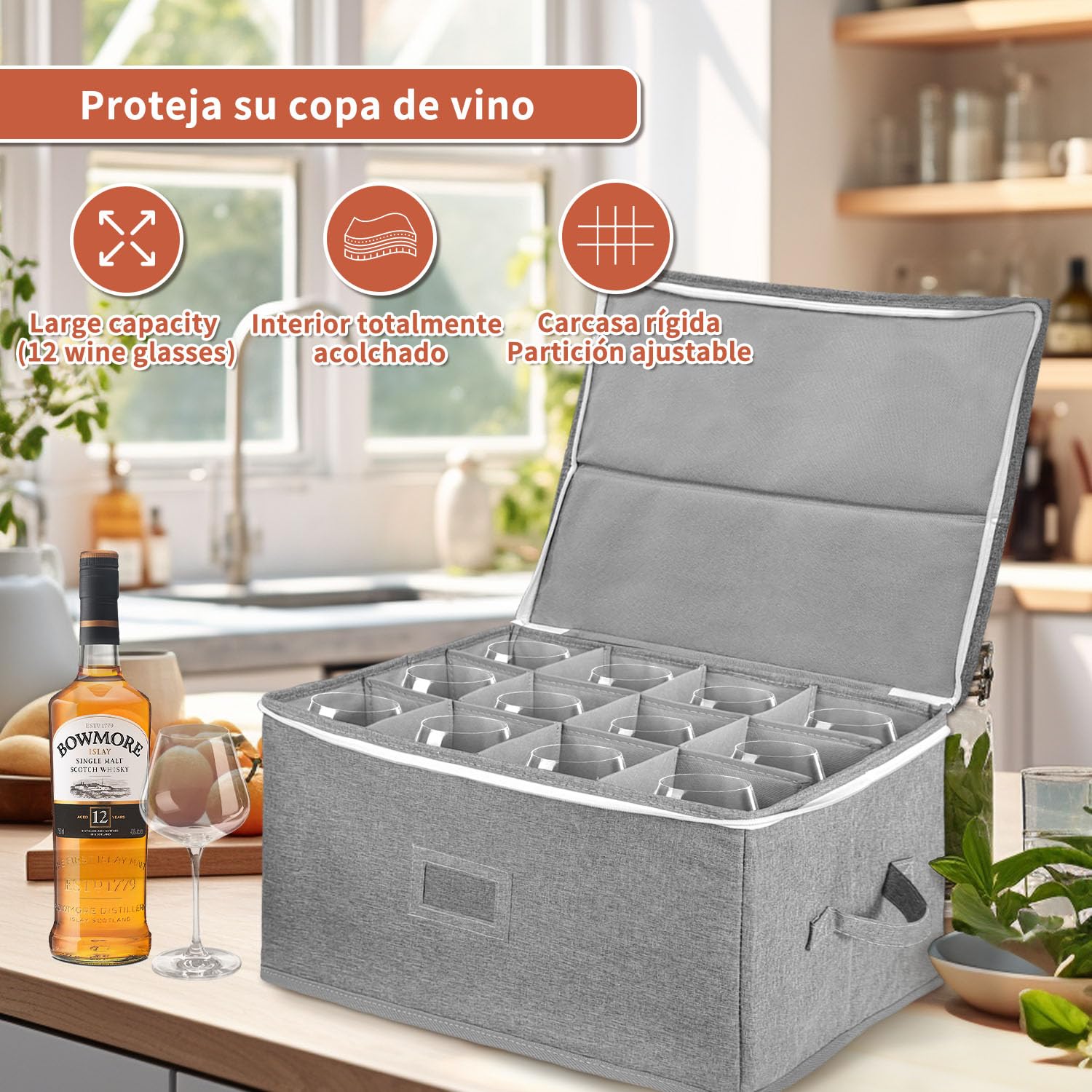 BOHEMIABY Wine Glass Storage Box Holds 12 - Stackable Hard Shell Organizer with Adjustable Dividers for Champagne Flutes & Crystal, Label Window, Durable Protector Case
