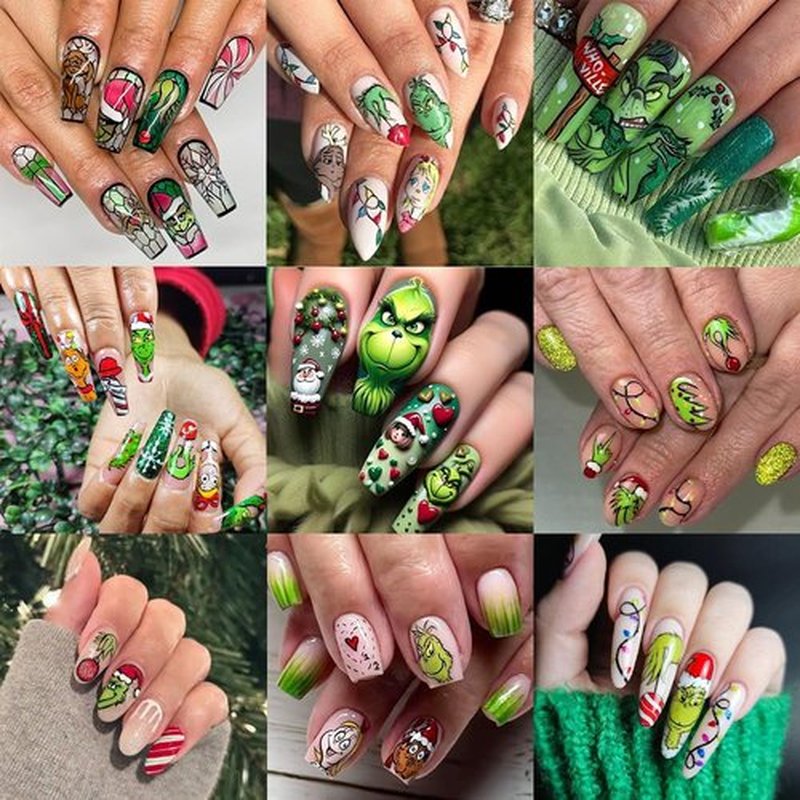6 Sheets Christmas Nail Art Stickers Green Monster Nail Decals Cute Cartoon New Year Nail Art Designs Sticker Xmas Winter Nail Stickers Holiday Nail Supplies for Women DIY Manicure Decoration