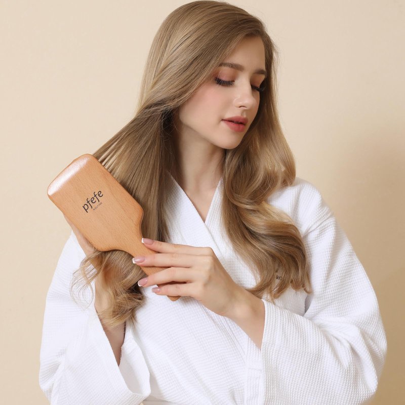 Wooden Paddle Hair Brush - Square Detangling Reducing Breakage Hairbrush for Men & Women, Beechwood Air Cushion Brush with Travel Bag for Thick, Curly, Wet, Dry Hair
