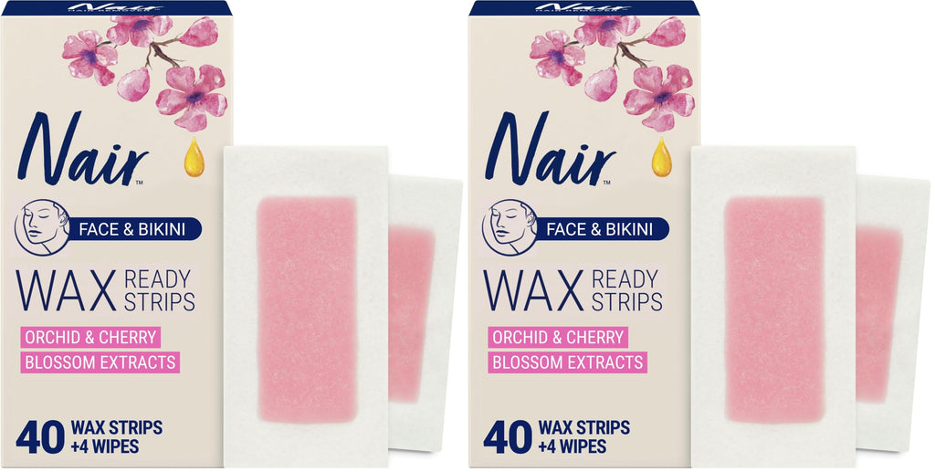 Nair Hair Remover Wax Ready Strips, Face and Bikini Hair Removal Wax Strips, Orchid and Cherry Blossom Extracts, Dermatologist Tested, Plus 4 Non-Flushable Post Wipes, 40 Count (Pack of 2)