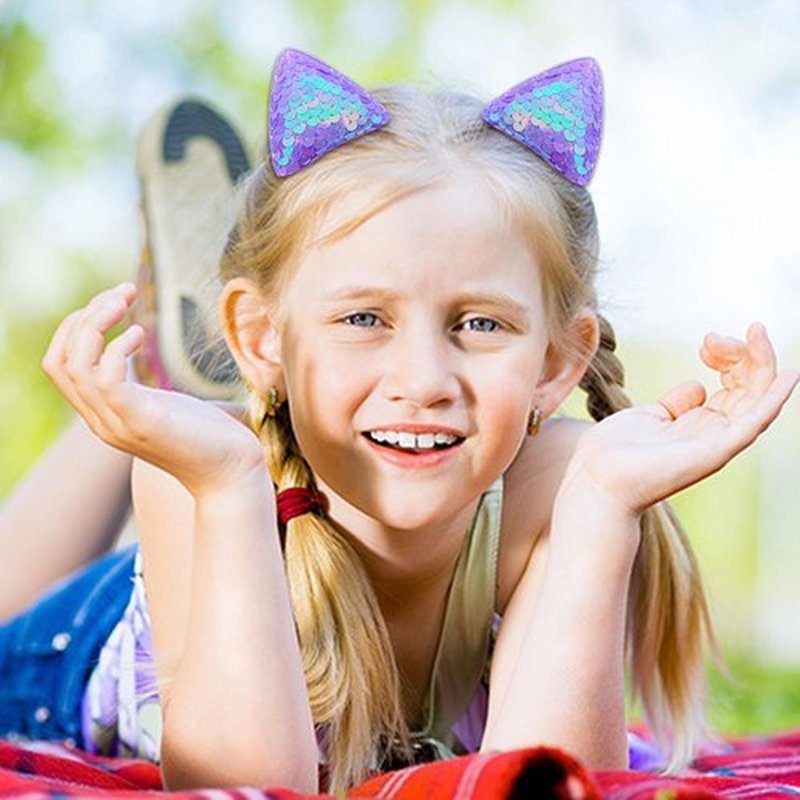 12 Glitter Sparkly Cat Ear Hair Clips and Barrettes for Girls, Toddlers, and Kids - Animal Hair Pins