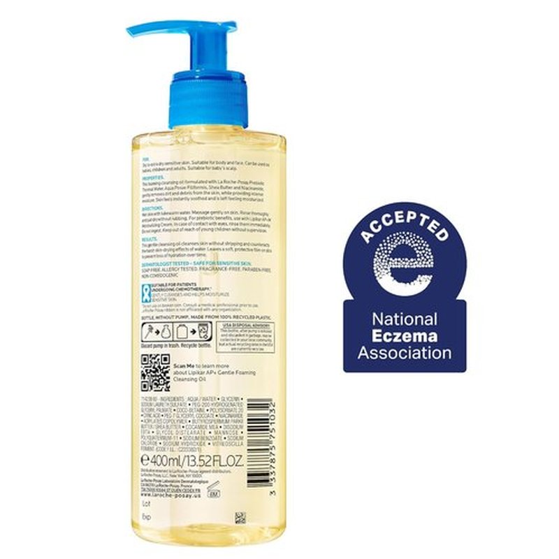 La Roche-Posay Lipikar AP+ Gentle Foaming Cleansing Oil - Hydrating Oil Cleanser for Face & Body, 24-Hour Moisture, Fragrance-Free
