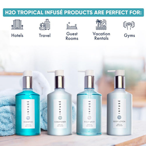 1-Shoppe Infuse 4 Piece Ecobox All-In-Kit | White Tea and Coconut Soap | 1 Shampoo, 1 Conditioner, 1 Body Wash and 1 Lotion | 10.14 oz Hotel Soaps and Toiletries Bulk | Personal Care Products