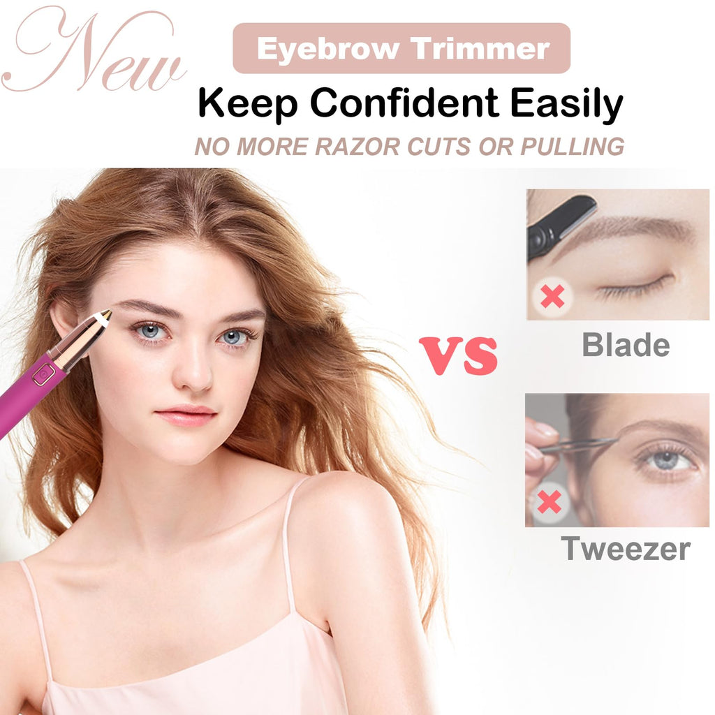 Eyebrow Trimmer for Women - Electric Eye Brow Razor with LED Light Painless & Easy Clean for Eyebrows Face Nose Ear Hair Chin Lips Peach Fuzz Bikini Lines & Other Detailing - Battery Operated (Pink)