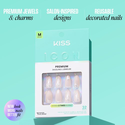 KISS ICON Premium Press On Nails Almond, Remarkable, Pink, Medium, 32 Count