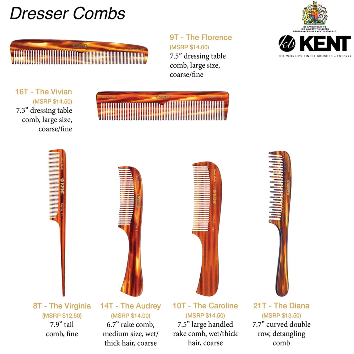 Kent 14T Tortoise Large Detangling Comb, Wide Teeth for Long Thick Curly Wavy Hair. Hair Detangler Comb For Wet and Dry. Saw-Cut from Cellulose and Hand Polished, Handmade in England