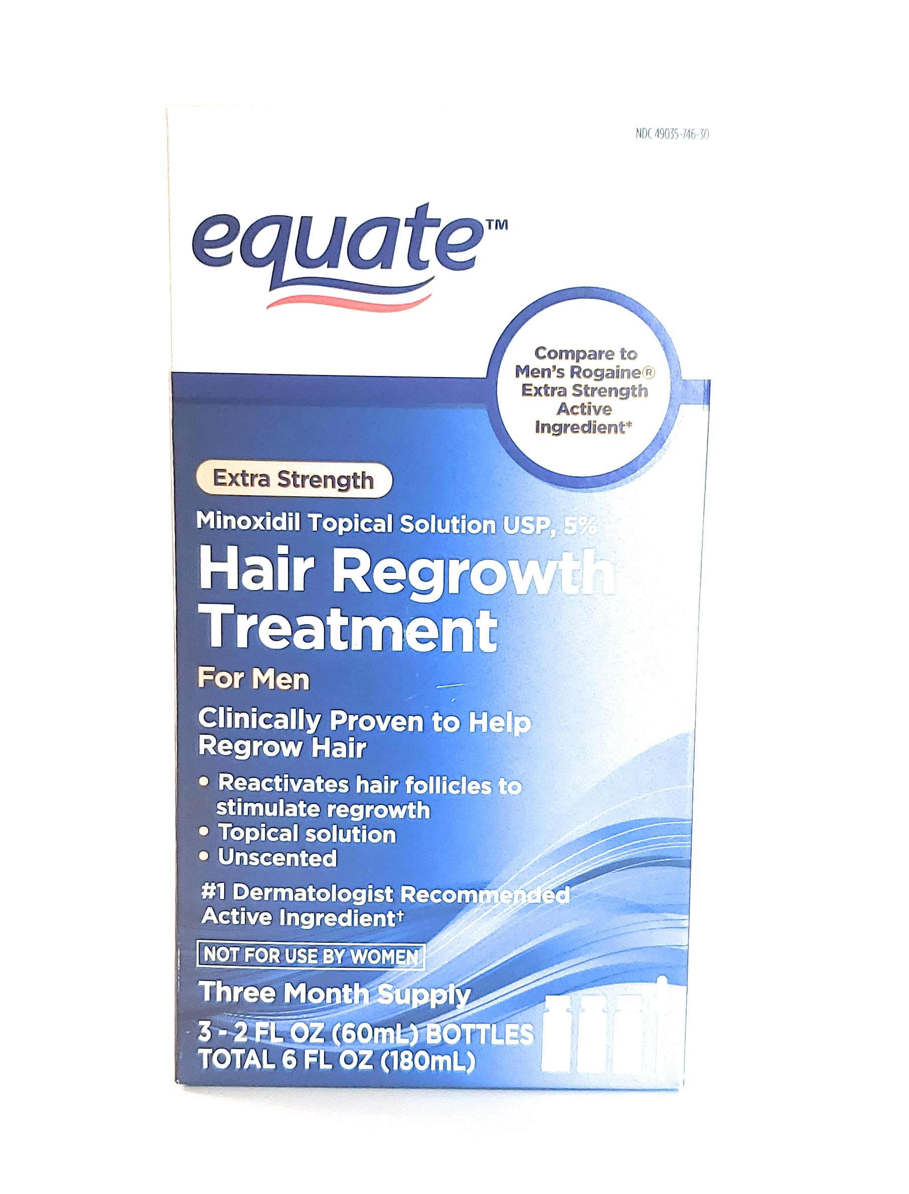Equate Extra Strength Hair Regrowth Treatment For Men, Minoxidil Topical Solution USP, 5% Three Month Supply 2 FL OZ.