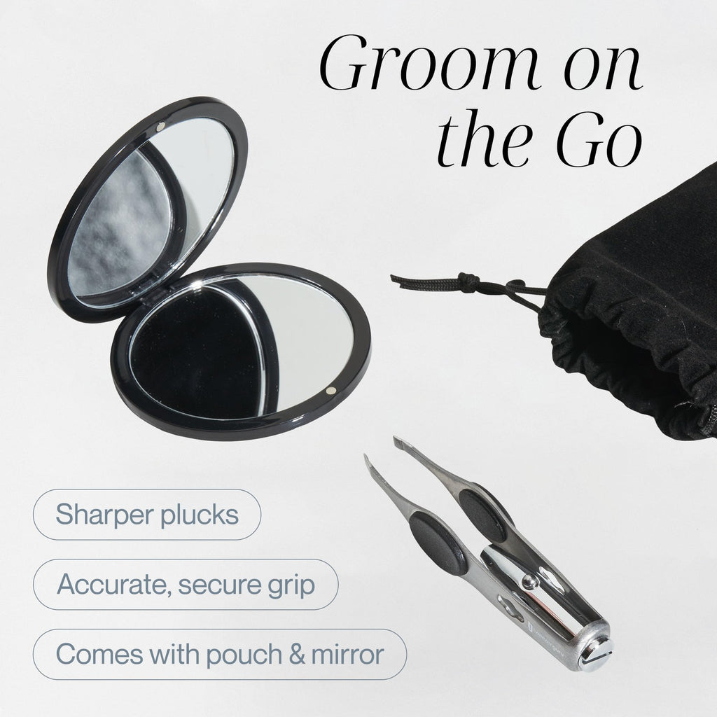 Tweezer Guru Pro Illuminating Eyebrow Tweezers for Women & Men Professional Stainless Steel Slanted Tweezers with LED Light Mirror Pouch Precision Tweezers for Brow Facial Hair Ingrown Hair Silver