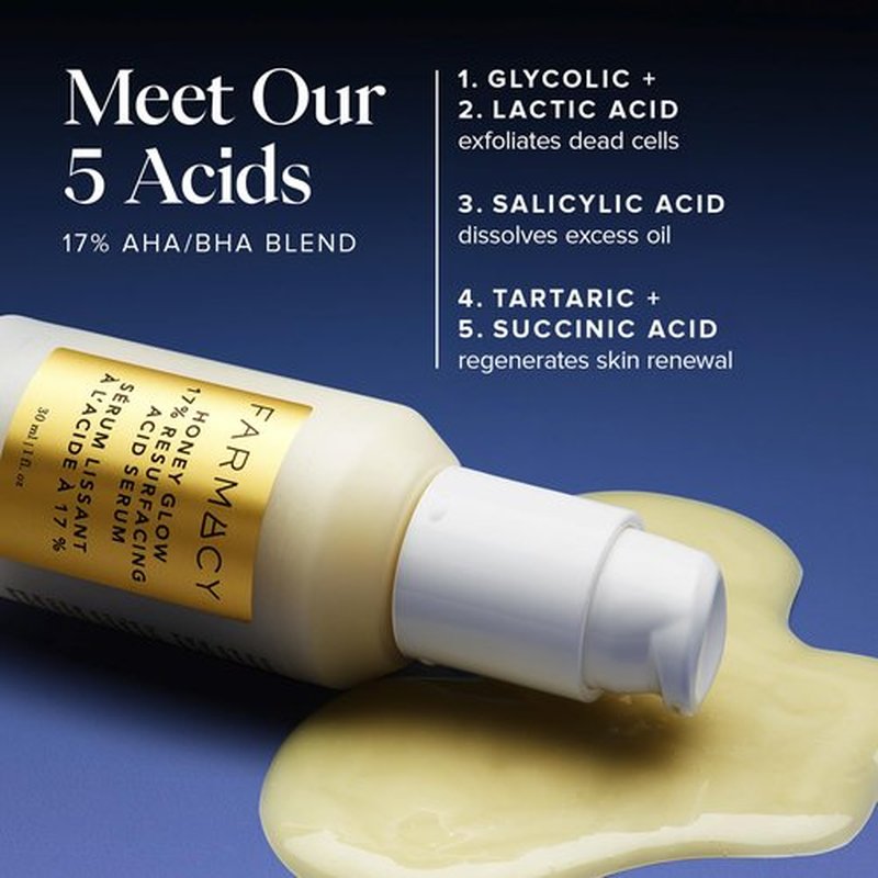 Farmacy Face Exfoliator Serum - Honey Glow 17% AHA + BHA Liquid Exfoliant & Salicylic Acid Serum - Resurfacing Skin Care for Reduced Pores + Texture - Hydrates Skin for an Overall Glow (30ml)