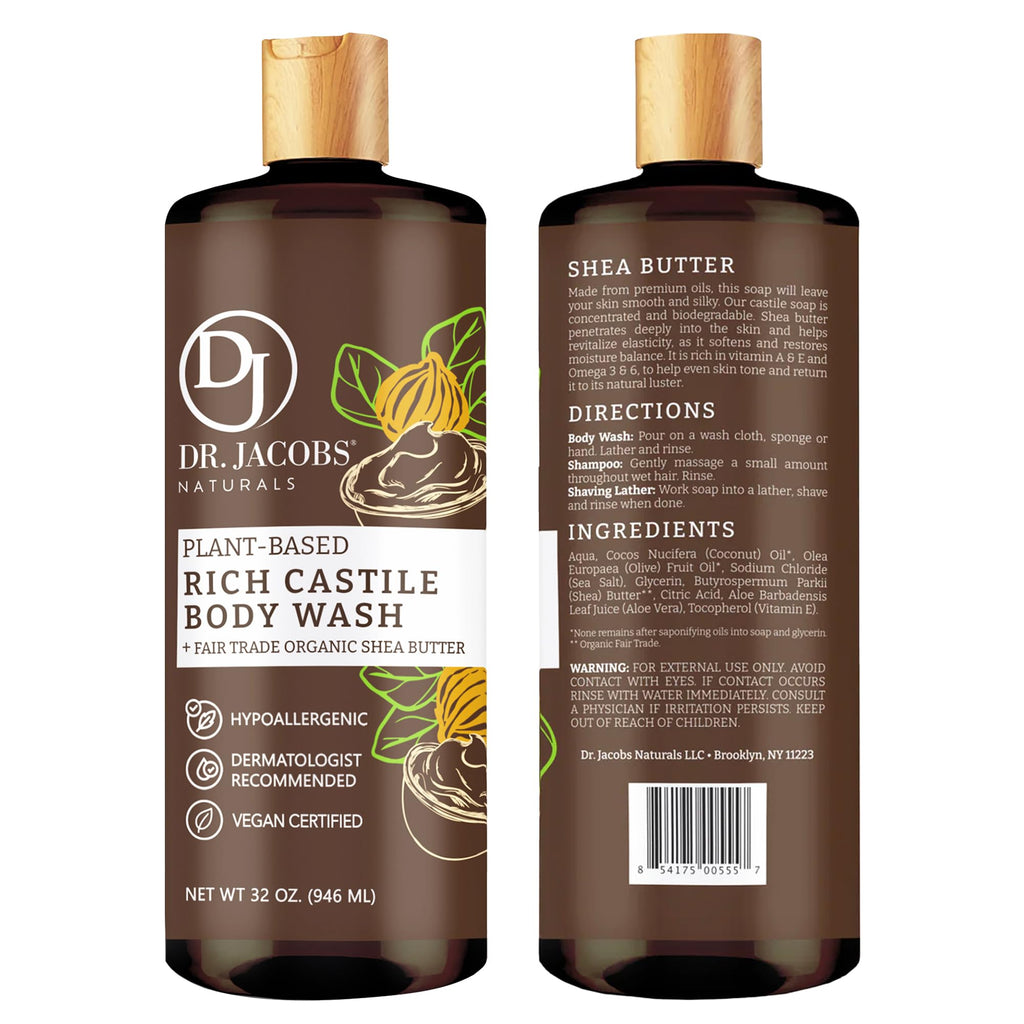 Dr. Jacobs Naturals Pure Castile Soap Liquid Body Wash, Shea Butter - Plant Based Soap Infused with Vitamin E and Aloe Vera to Moisturize Dry and Sensitive Skin - Made in The USA - 32 oz, Pack of 1