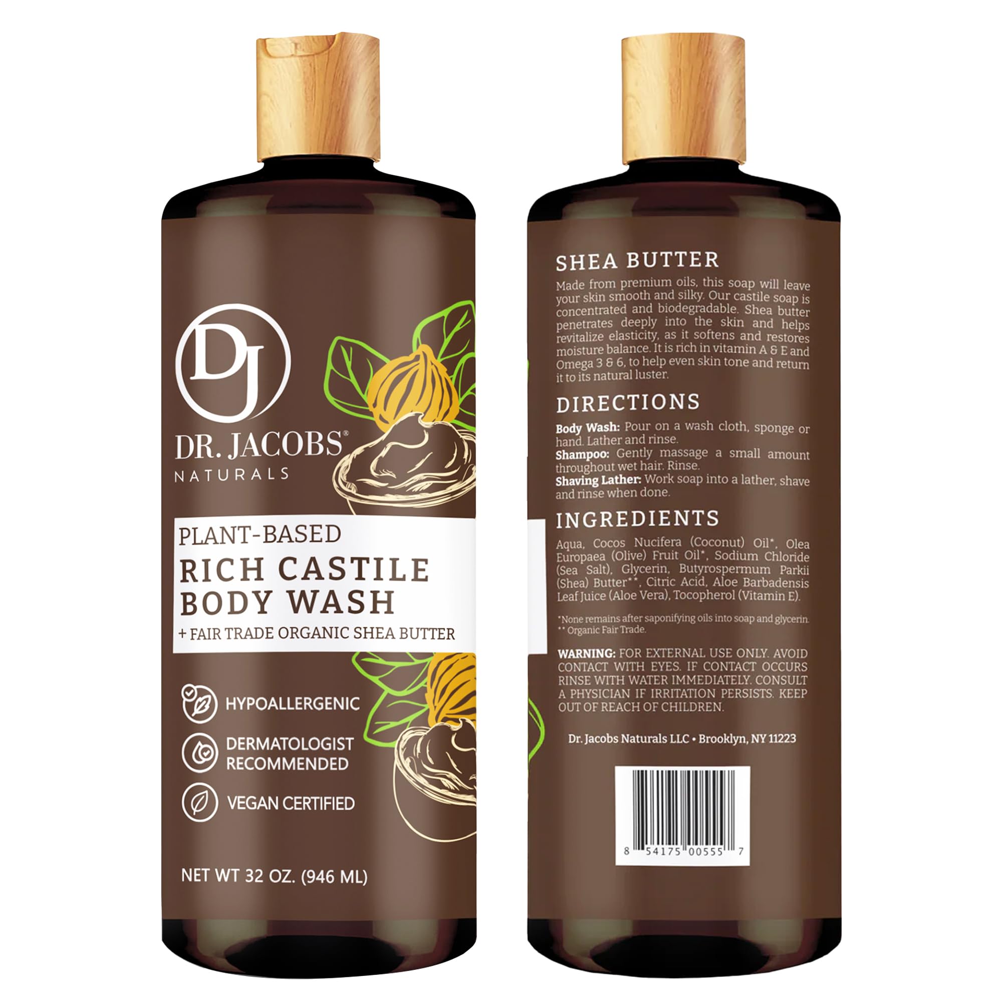Dr. Jacobs Naturals Pure Castile Soap Liquid Body Wash, Shea Butter - Plant Based Soap Infused with Vitamin E and Aloe Vera to Moisturize Dry and Sensitive Skin - Made in The USA - 32 oz, Pack of 1
