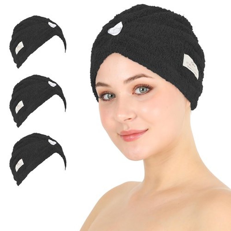 HALLEY Cotton Hair Towel Wrap (3 Packs) Super Absorbent Fast Drying Turbans for Thick, Wet Hair with Button (Black)