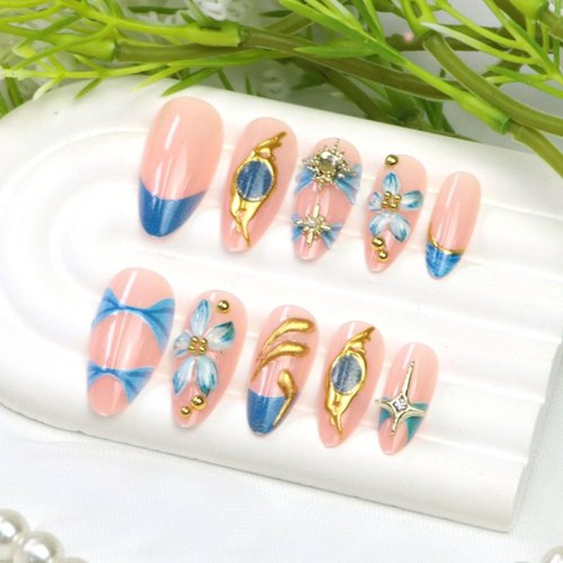Fall Winter Press on Nails Almond Medium Fake Nails Blue Nails Press ons with 3D Pearl Flower Star Designs Glossy French Tip Acrylic Nails for Women 24Pcs