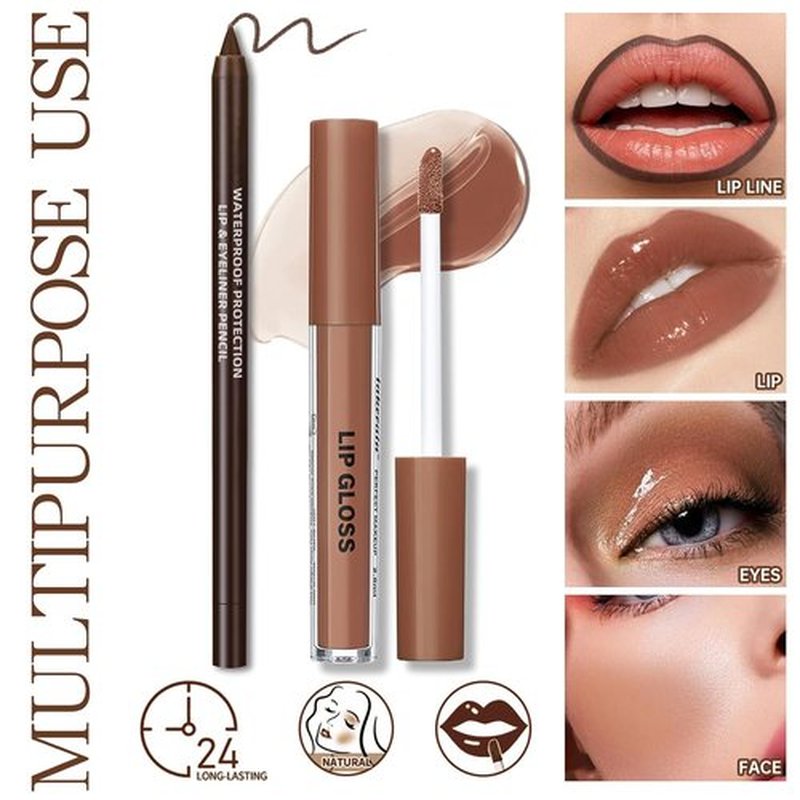 HOSAILY Nourishing Lip Gloss & Brown Lip Liner Set - Moisturizing High Shine Nude Glow Oil