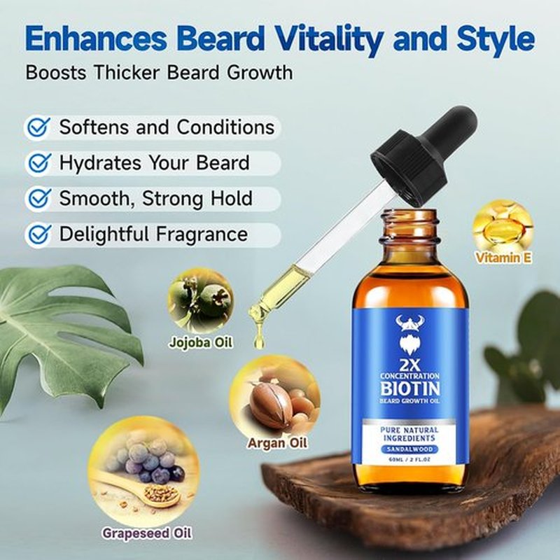 Skiennix Beard Growth Oil - 2X Concentration Biotin Formula for Men (2 oz) | Natural Argan & Jojoba Oil, Sandalwood Scent