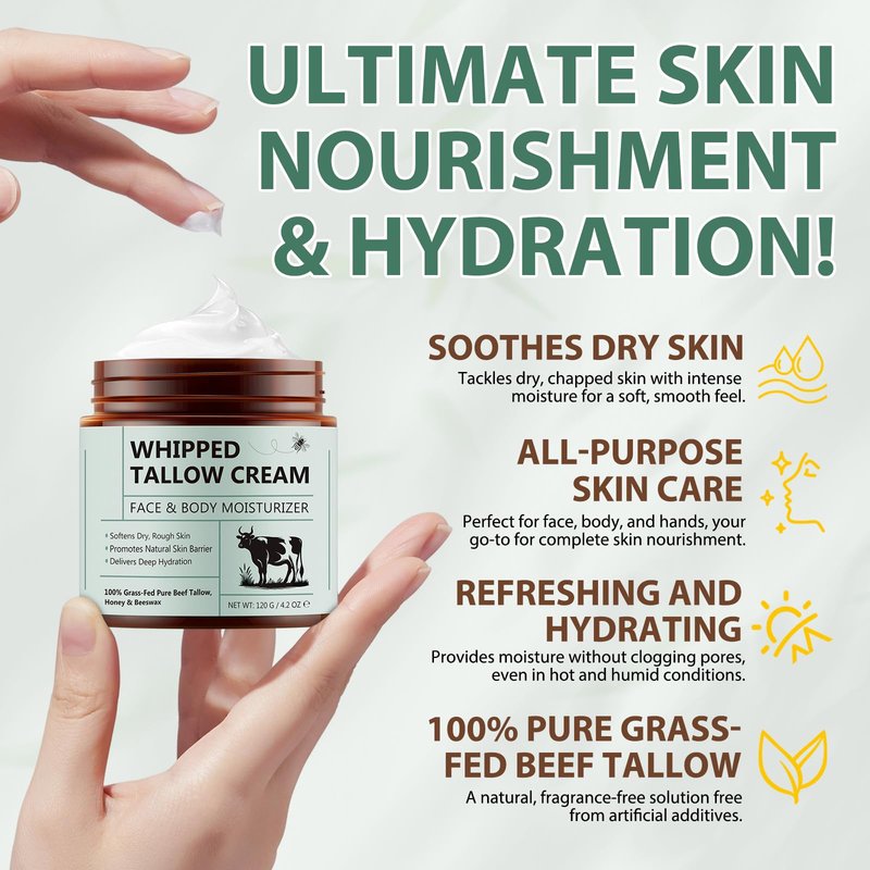 XIAMOFUZHOU Beef Tallow for Skin - 100% Natural Grass-Fed Pure Whipped Beef Tallow and Honey Moisturizer Cream for Face & Body Enhance Whole Body Deep Hydration & Dry Aging Sensitive Skin Care 4.2 oz