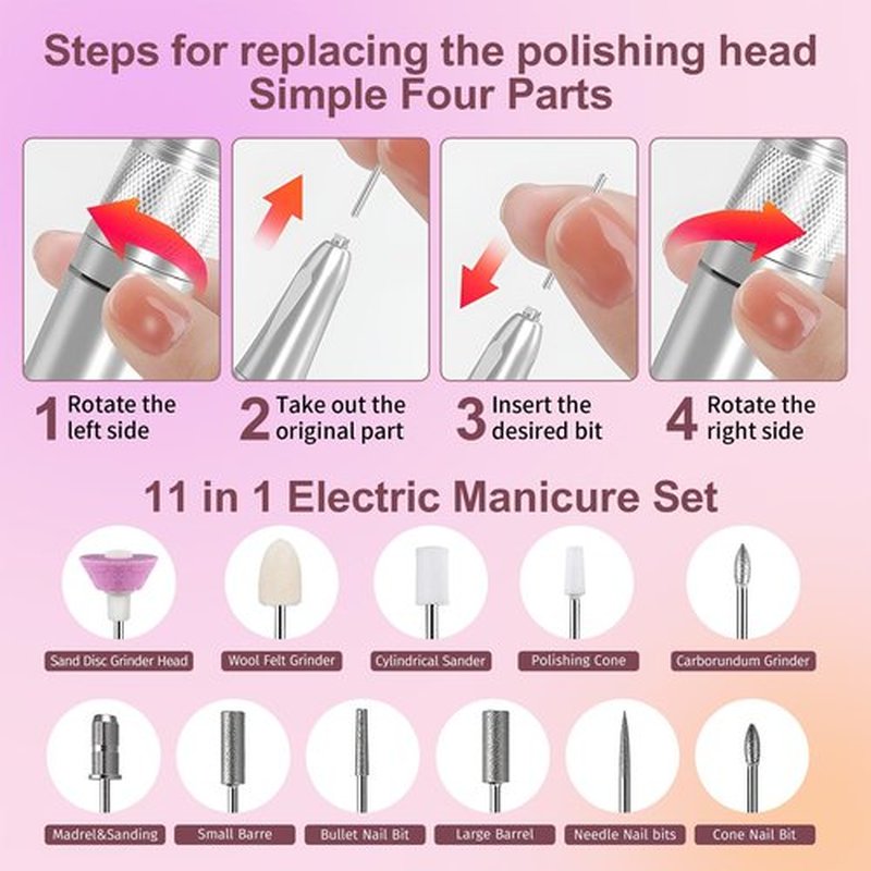Electric Professional Nail Dril 35000RPM Pink Nail File for Acrylics Gel Nail Polish Remove Cordless Portable Rechargeable Nail Drill Kit for Home Salon Manicure Pedicure