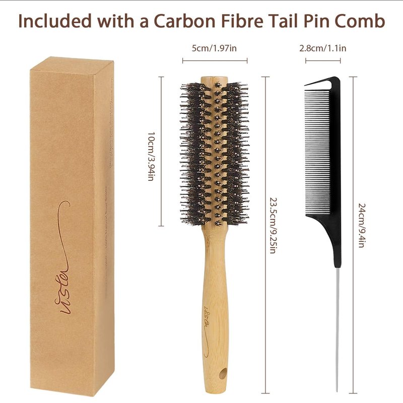 Vista Round Brush Bamboo with Pin Tail Comb Natural Boar Bristle Hair Brush Round for Blow Drying for Women Hairbrush for Wet or Dry Hair Detangling Smoothing Massaging