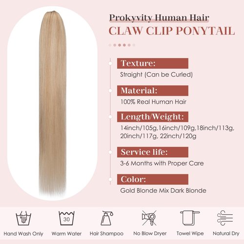 Human Hair Claw Clip Ponytail, Claw Clip Human Hair Ponytail,Effortless Application with Secure Hold,Style in Seconds,Quick Styling Solutions for Busy Lives 18"/113g Gold Blonde Mix Dark Blonde