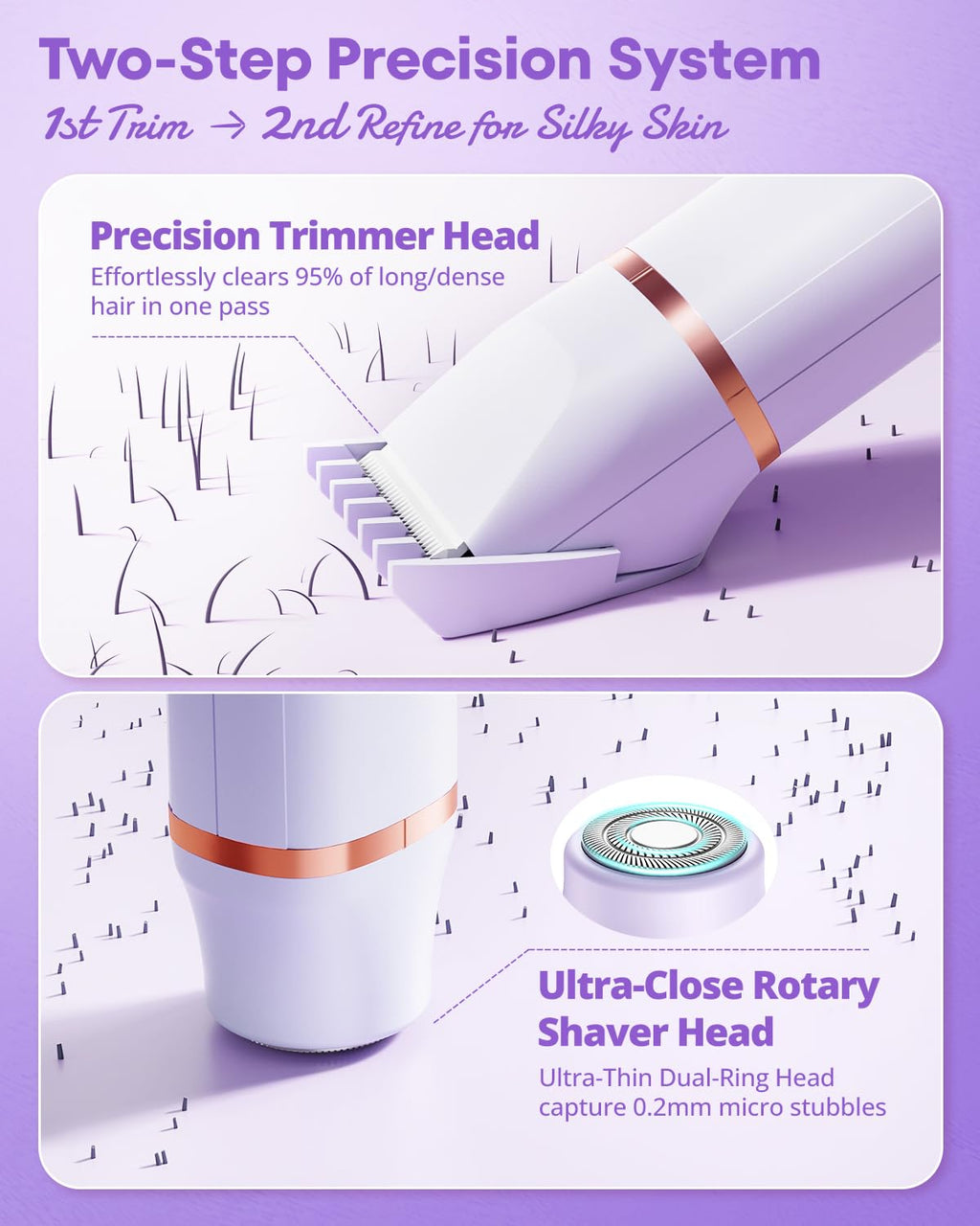 VG VOGCREST Bikini Trimmer for Women: 2-in-1 Painless Body Shaver for Underarm Leg Arm - Portable Travel Friendly Pubic Grooming Kit