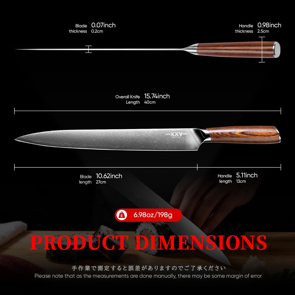 XXV 10 Inch Sashimi Knife, Steel VG10 Damascus Steel Hardness of 62 HRC Sushi Knives,Chef's Knife Knives with Sandalwood Handle for Fish Filleting yanagiknife