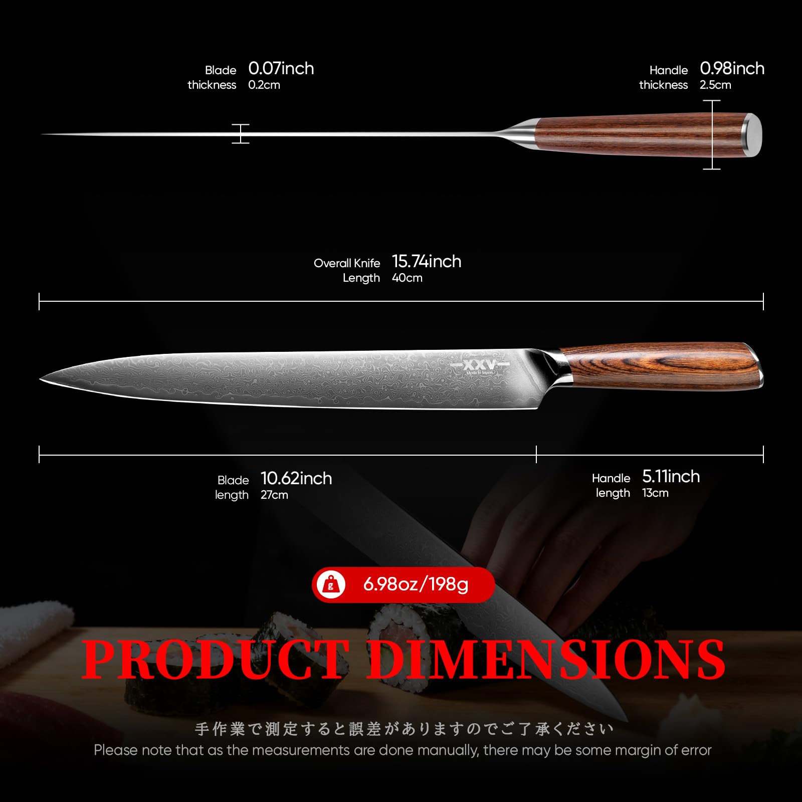 XXV 10 Inch Sashimi Knife, Steel VG10 Damascus Steel Hardness of 62 HRC Sushi Knives,Chef's Knife Knives with Sandalwood Handle for Fish Filleting yanagiknife