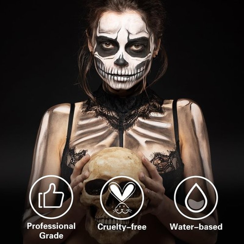 BOBISUKA Black and White Face Body Paint Kit, Water Based Face Painting for Halloween Clown Skeleton Joker Zombie Mime Sugar Skull Makeup for Women Adults, Non-Toxic Washable