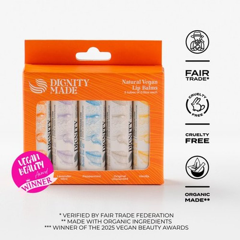 Dignity Coconuts Moisturizing Lip Balm – Soothing & Fragrance-Free, Pack of 5 - Vegan w/Nourishing Coconut Oil, Cocoa Butter & Essential Oils – 4.4ml (0.15oz) Each – Lip Care Set