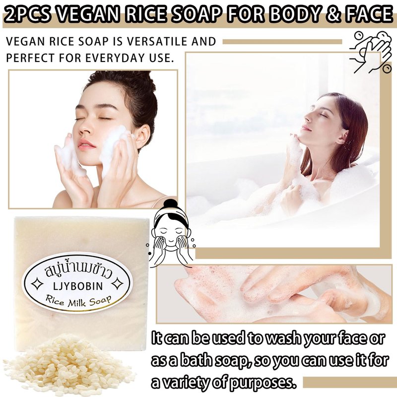 LJYBoBin 2PCS Vegan Rice Soap for Body & Face,Gentle Long-lasting Moisturizing Rice Milk Soap for All Skin Type,Deep Cleaning Rice Handmade Soap Bar for Men & Women